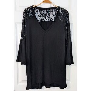Evolution Lace Bell Sleeve Top V-Neck Blouse Elegant Party Top Black Size‎ L